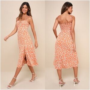 LULU’S Party In Paris Light Orange Print Tie Strap Midi Dress